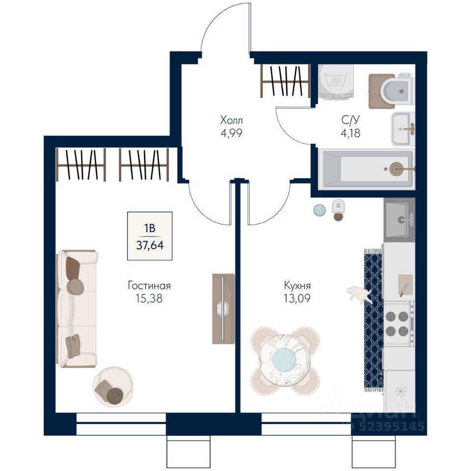 1-комн. квартира, 37,64 м², в ЖК Бархат