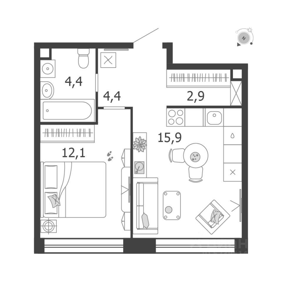 1-комн. квартира, 39,7 м², в ЖК Жилой квартал Shagal