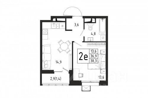 1-комн. квартира, 38,3 м², в ЖК «Берег»