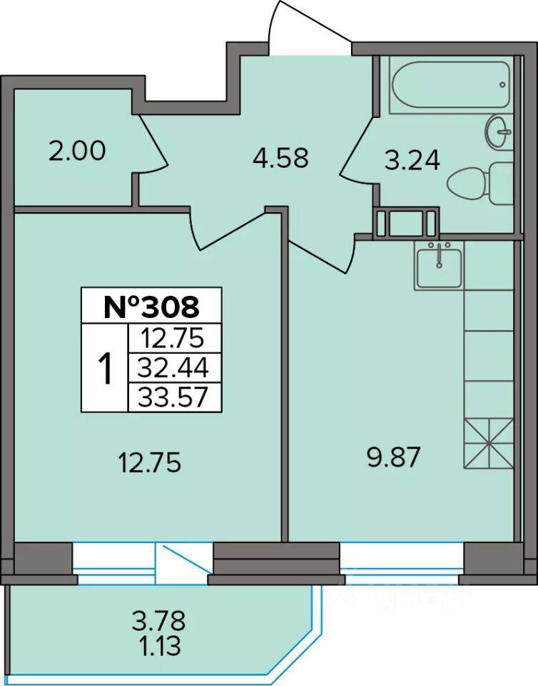 Планировка 1 комнатной квартиры, 33.57 м², в «Капральский»