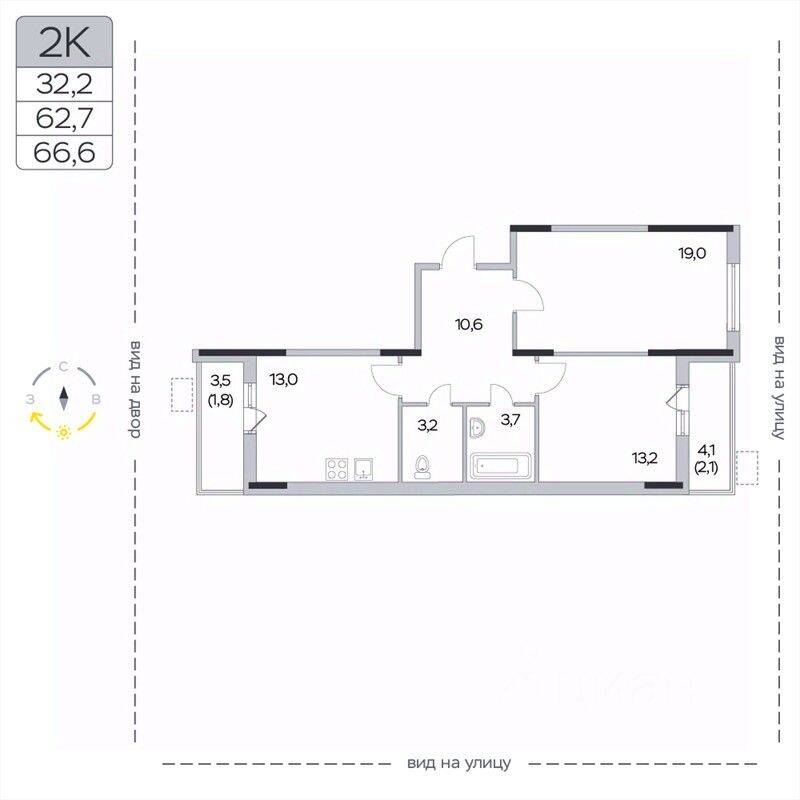 2-комн. квартира, 66,6 м², в ЖК «Пироговская Ривьера»