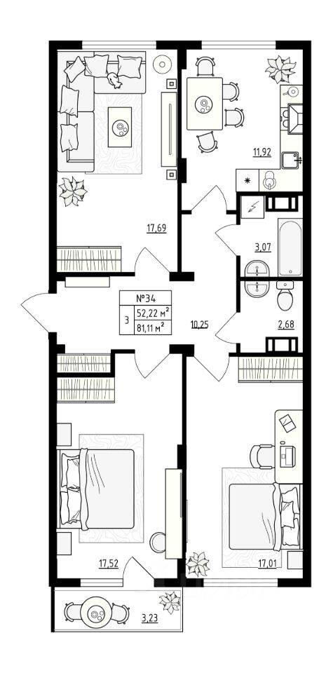 3-комн. квартира, 81,3 м², в Малоэтажный ЖК Верево-Сити