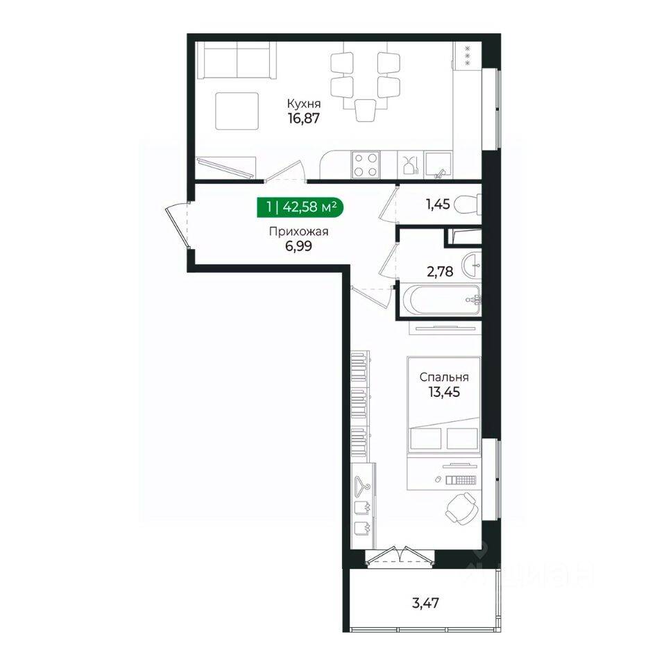 1-комн. квартира, 41,2 м², в ЖК Sertolovo Park