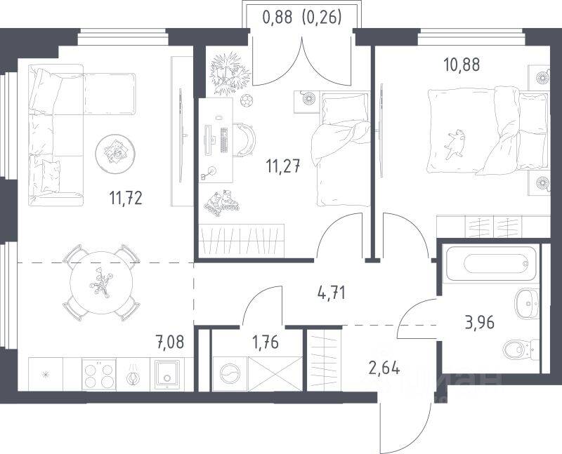 3-комн. квартира, 54,28 м², в ЖК Егорово Парк