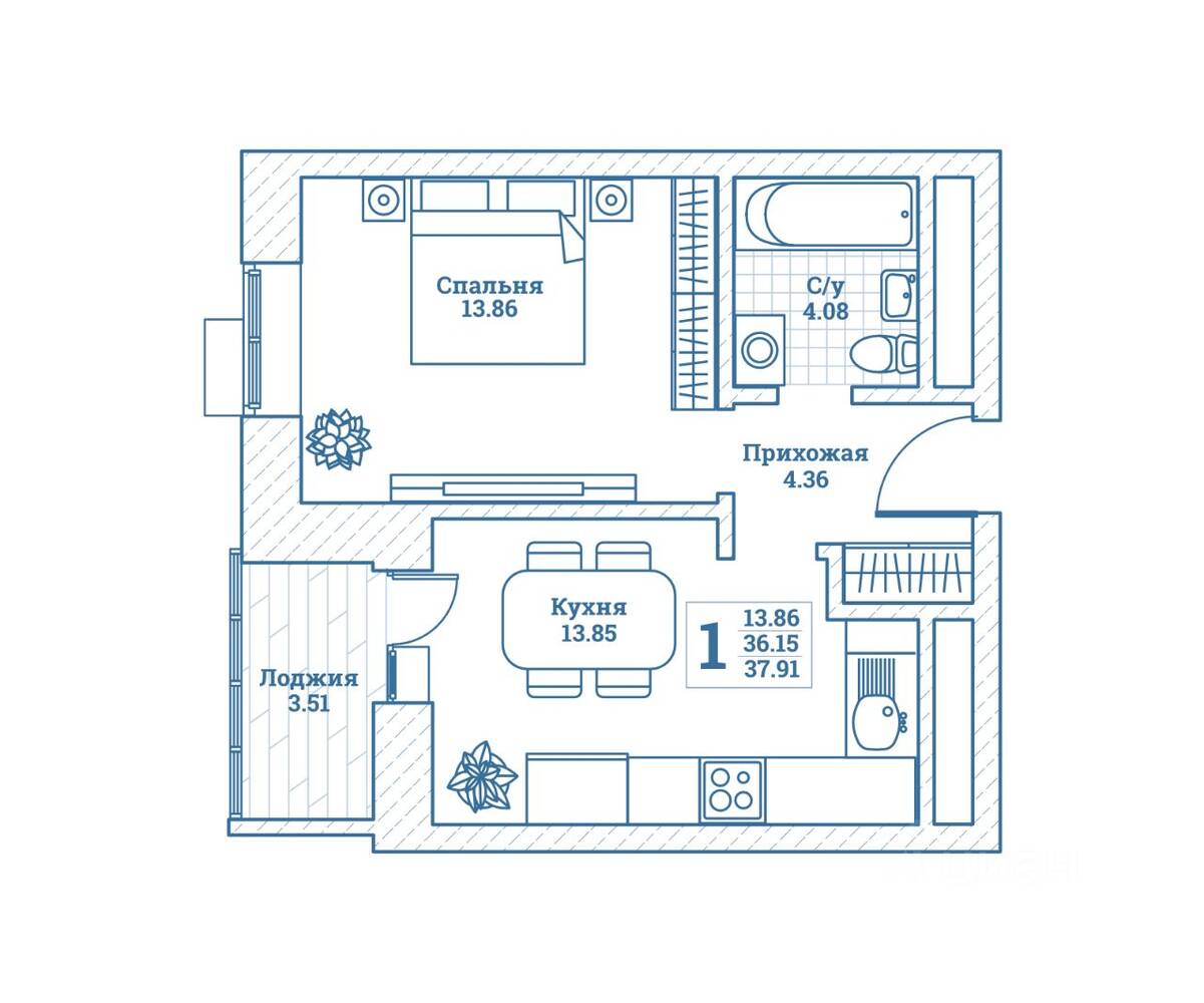 1-комн. квартира, 38,3 м², в ЖК Новоград Монино