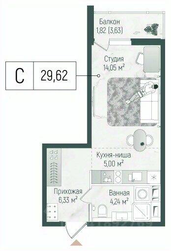 Квартира-студия, 31,44 м², в ЖК Riga Hills