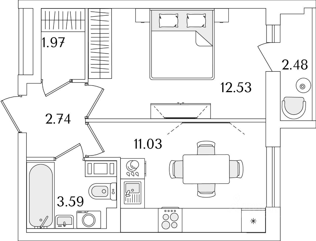1-комн. квартира, 33,1 м², в ЖК Кинопарк