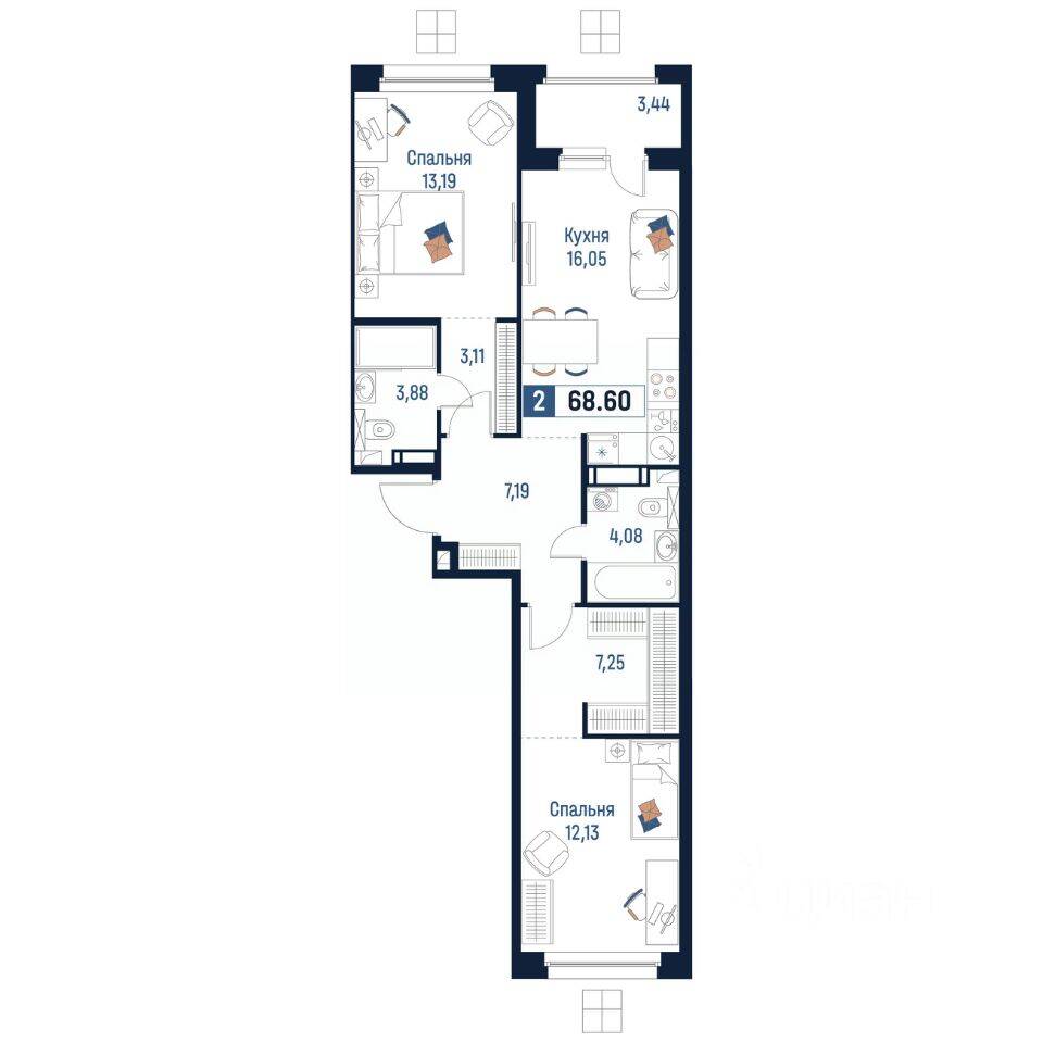 2-комн. квартира, 68,6 м², в ЖК Максималист