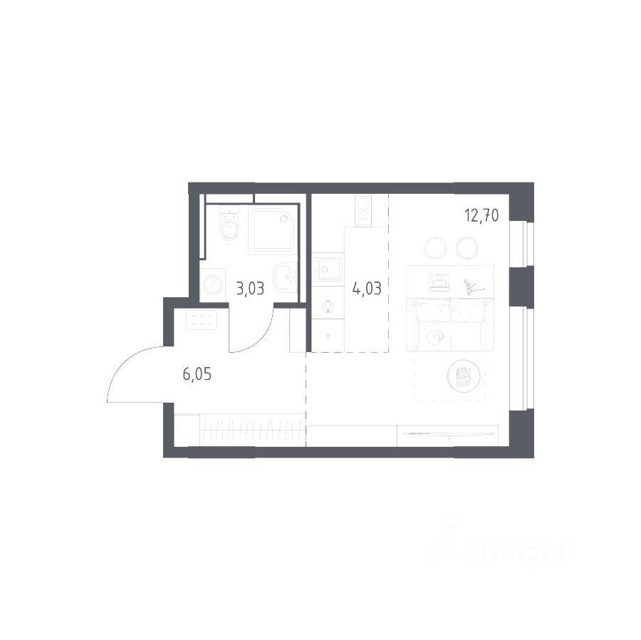 Планировка 1 комнатной квартиры, 25.8 м², в «Прибрежный Парк»