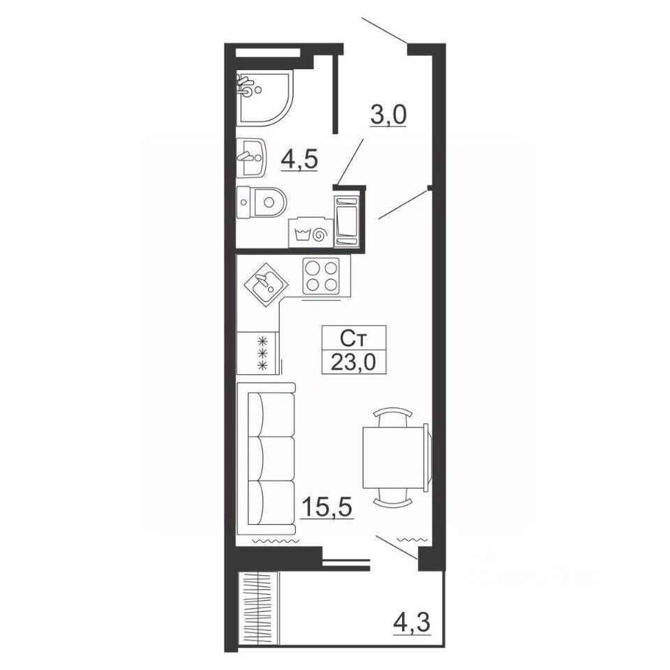 Квартира-студия, 23 м², в ЖК Рубеж