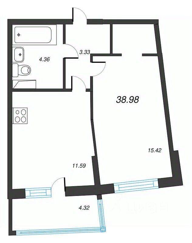 2-комн. квартира, 38,98 м², в ЖК Левитан