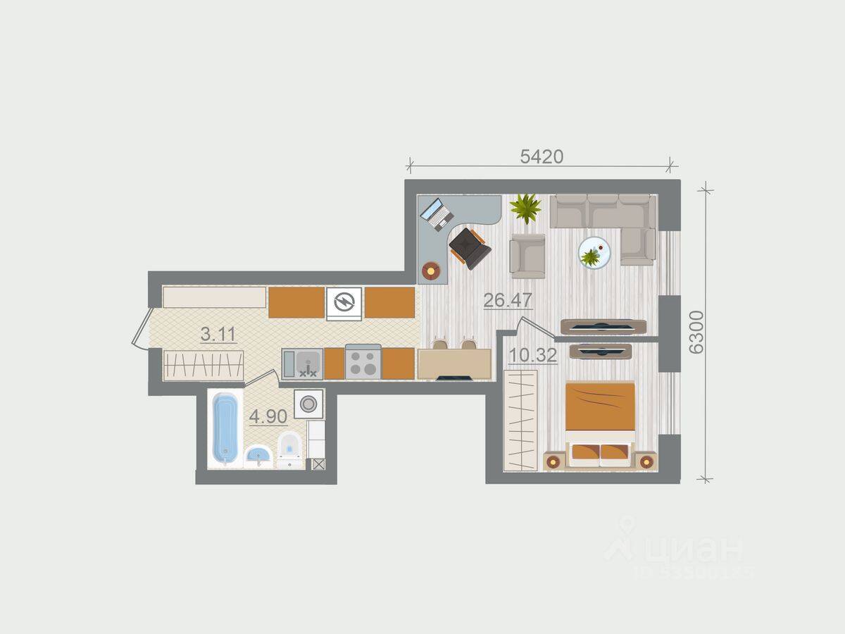 1-комн. квартира, 44,8 м², в ЖК Эко-квартал Гармония