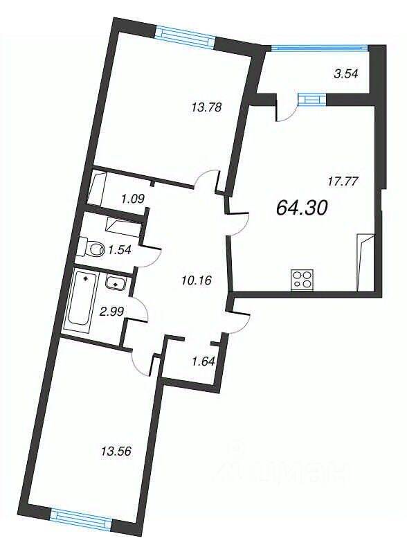 3-комн. квартира, 64,3 м², в ЖК Левитан