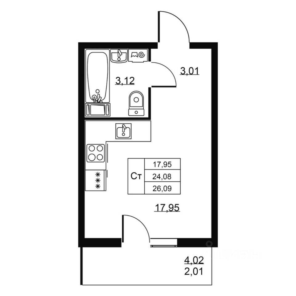 Квартира-студия, 26,09 м², в ЖК Перспектива