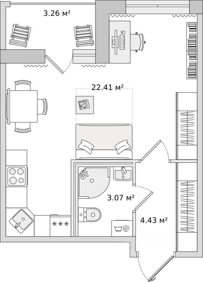 Квартира-студия, 33,17 м², в ЖК ЦДС «Dreamline»