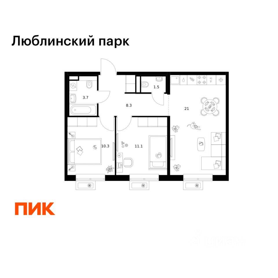 2-комн. квартира, 55,9 м², в ЖК «Люблинский парк»