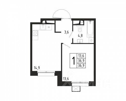 1-комн. квартира, 36,9 м², в ЖК «Берег»