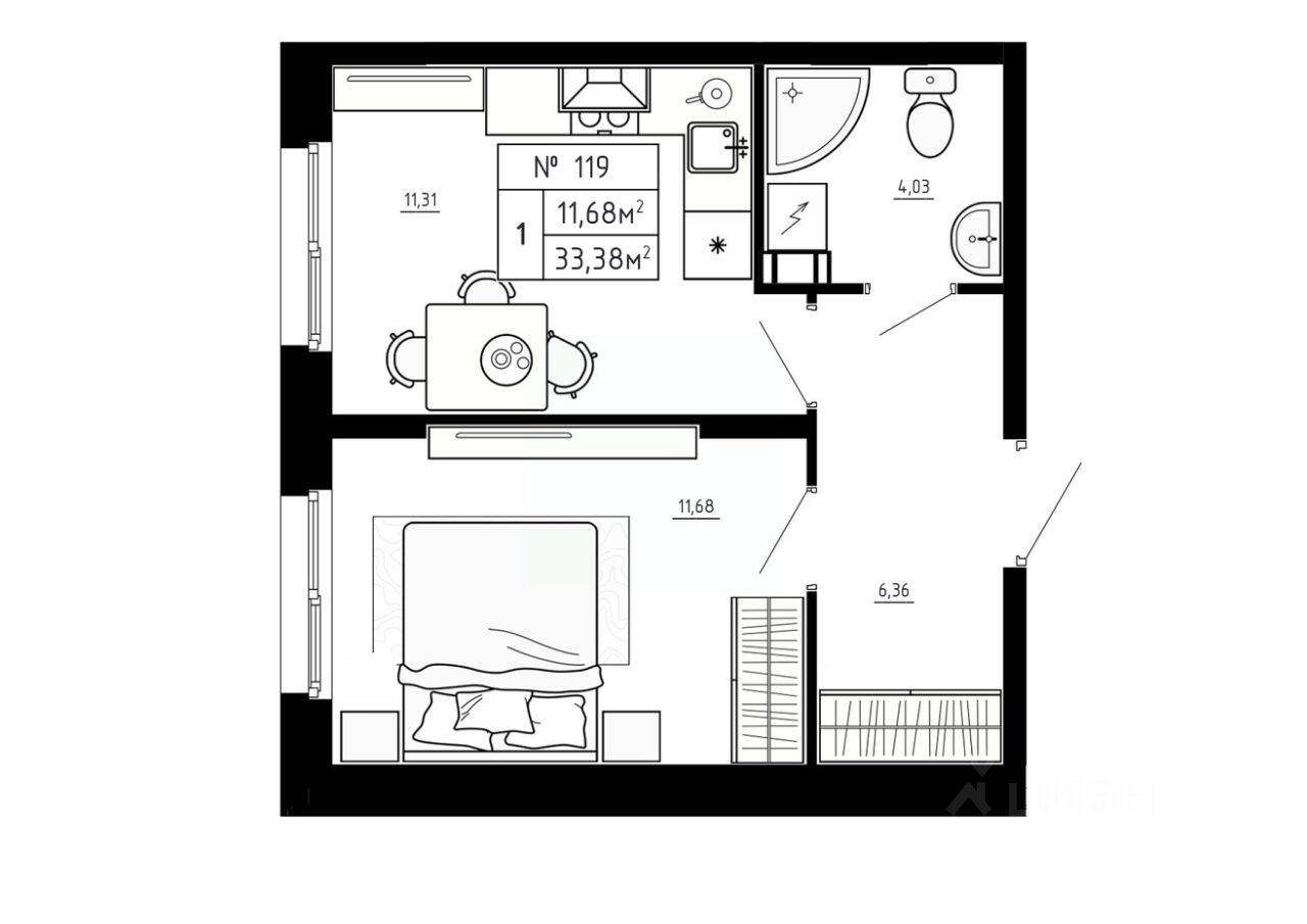 1-комн. квартира, 33,38 м², в Малоэтажный ЖК Аннино Сити