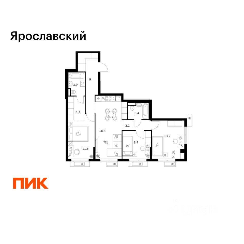 3-комн. квартира, 75,6 м², в ЖК «Ярославский»