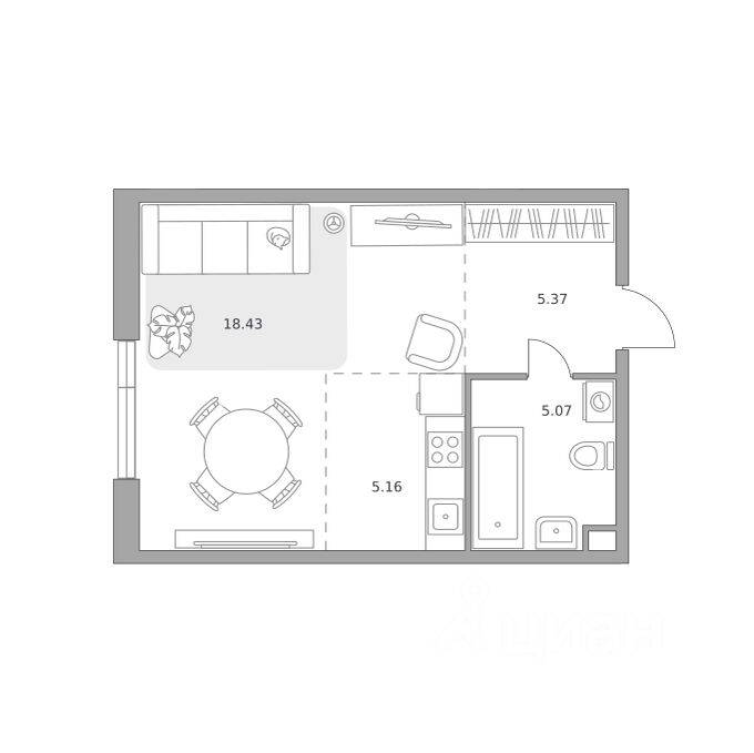 Планировка 1 комнатной квартиры, 34.03 м², в «Павелецкая от Гранель»