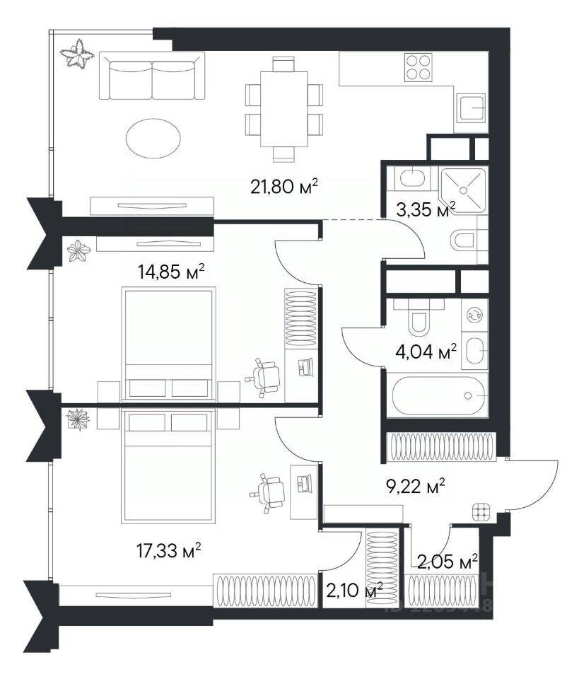 2-комн. квартира, 74,74 м², в ЖК 1-й Нагатинский