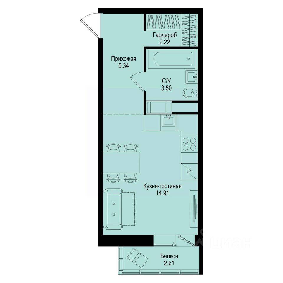 Квартира-студия, 26,75 м², в ЖК ID Kudrovo II