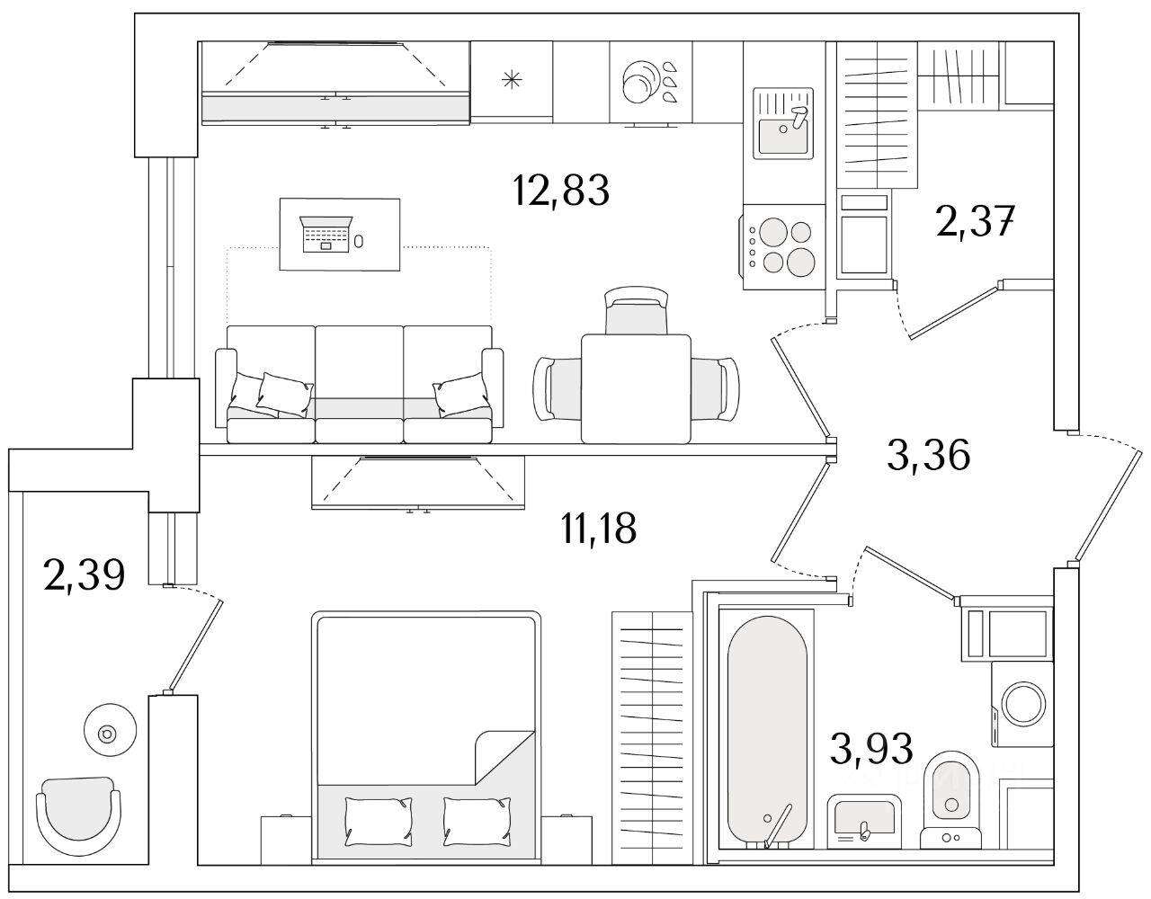 1-комн. квартира, 34,87 м², в ЖК Кинопарк