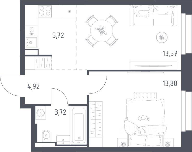 1-комн. квартира, 41,81 м², в ЖК Заречье Парк