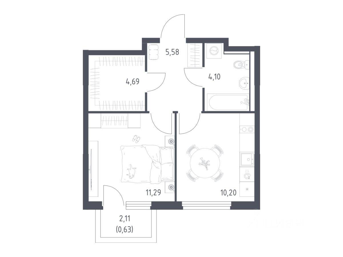1-комн. квартира, 36,49 м², в ЖК «Пригород Лесное»
