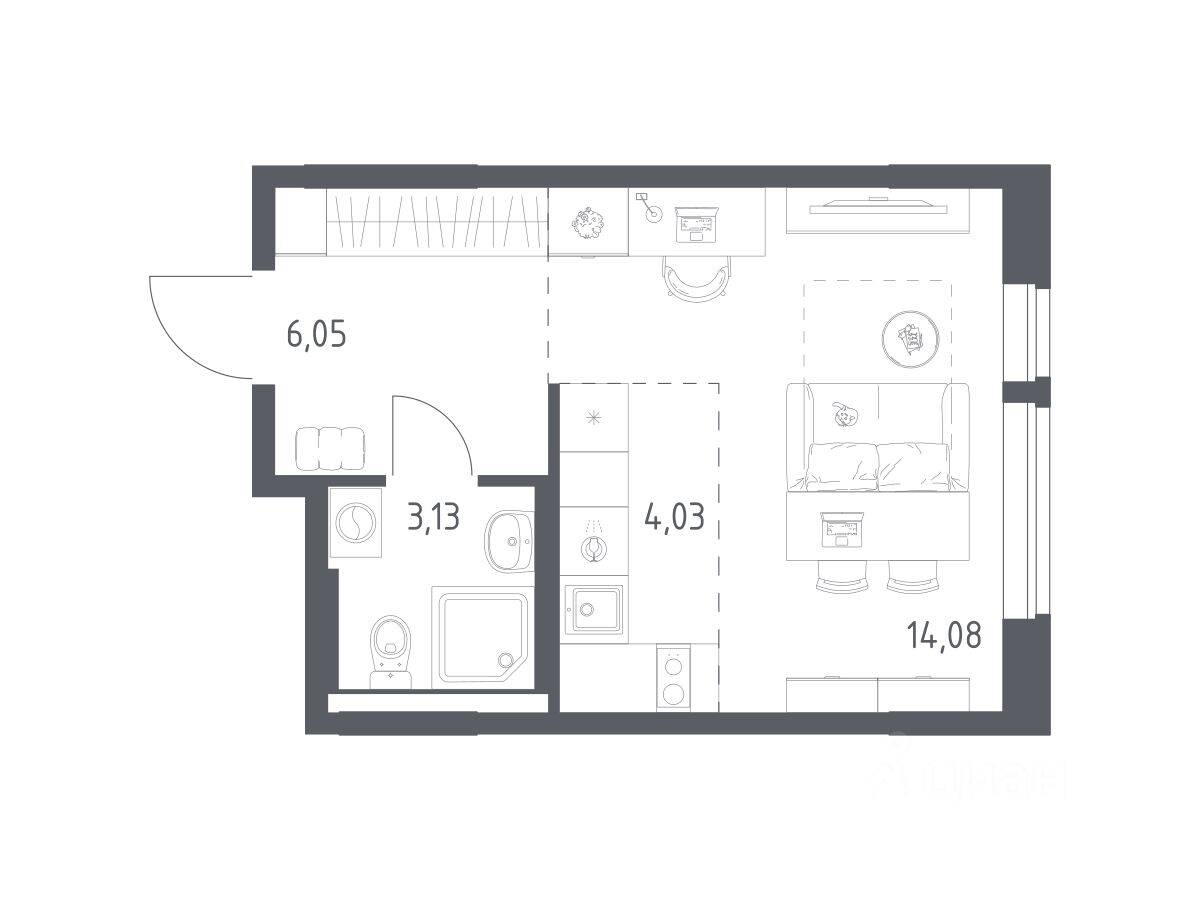 Планировка 1 комнатной квартиры, 27.29 м², в «Квартал Авиаторов»