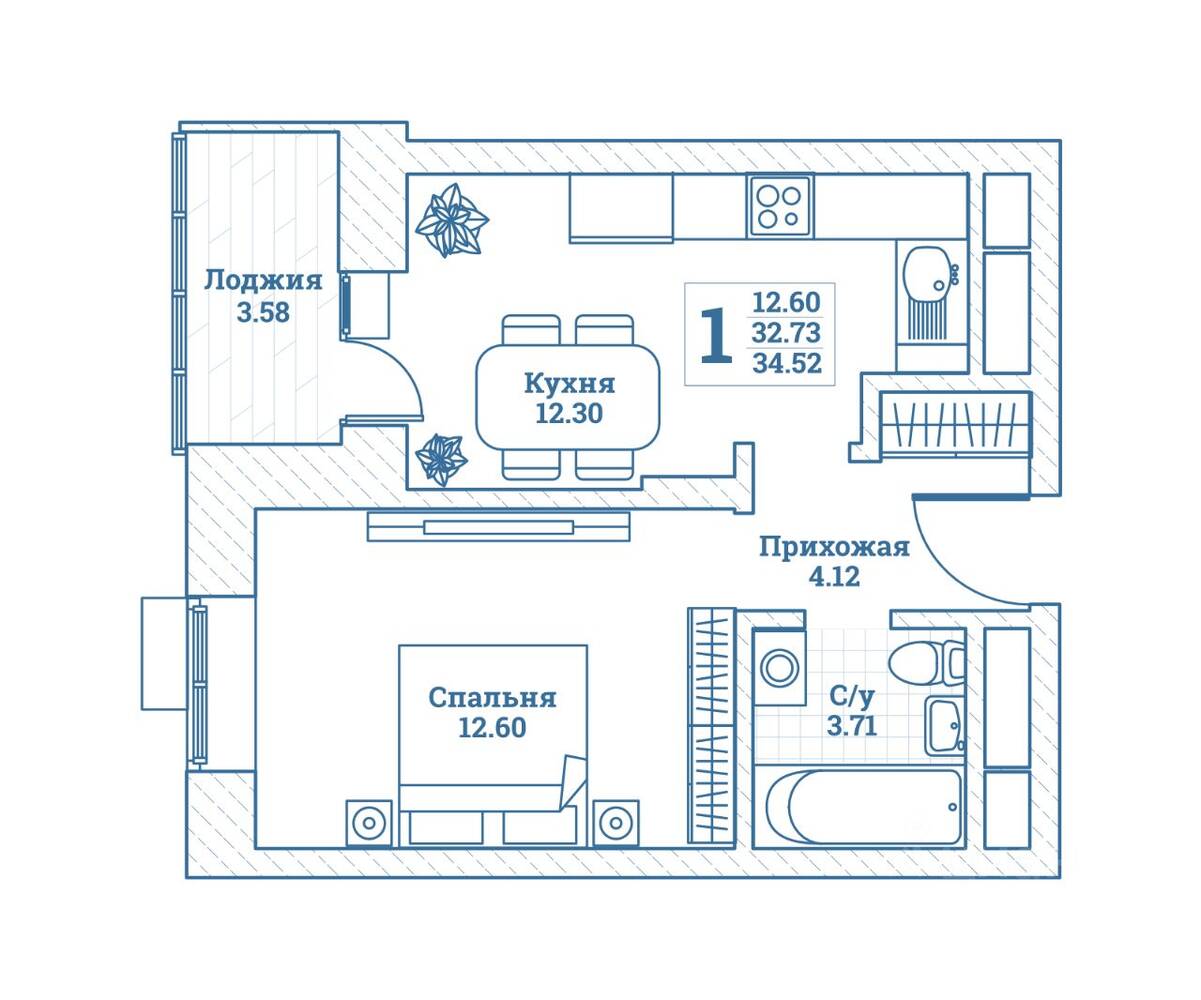 1-комн. квартира, 34,52 м², в ЖК Новоград Монино