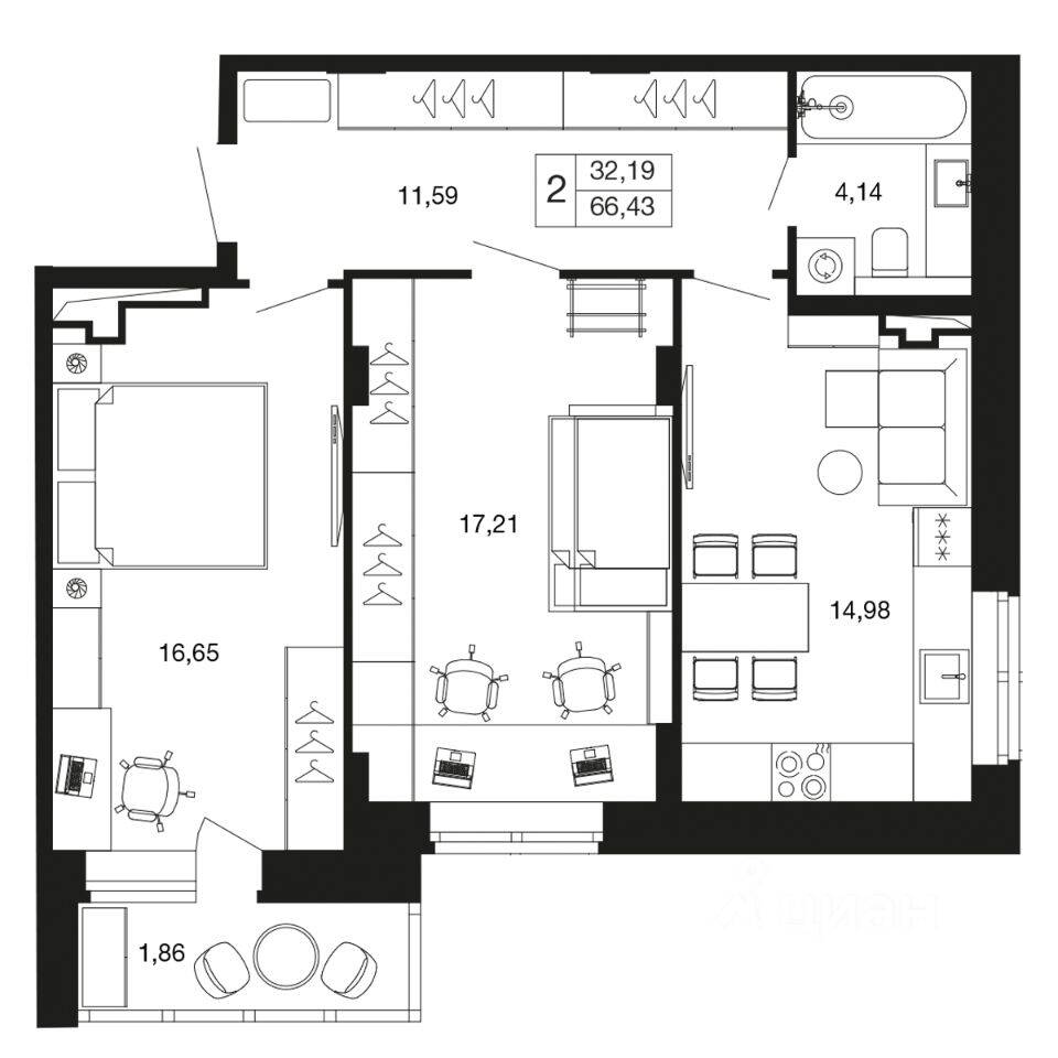 2-комн. квартира, 66,4 м², в ЖК «Времена года»