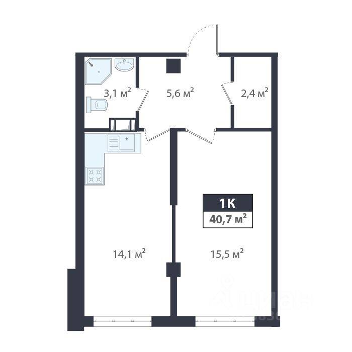 Планировка 1 комнатной квартиры, 40.7 м², в «Ромашки»