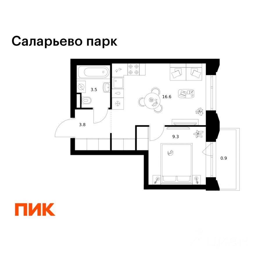 1-комн. квартира, 34,1 м², в ЖК «Саларьево парк»