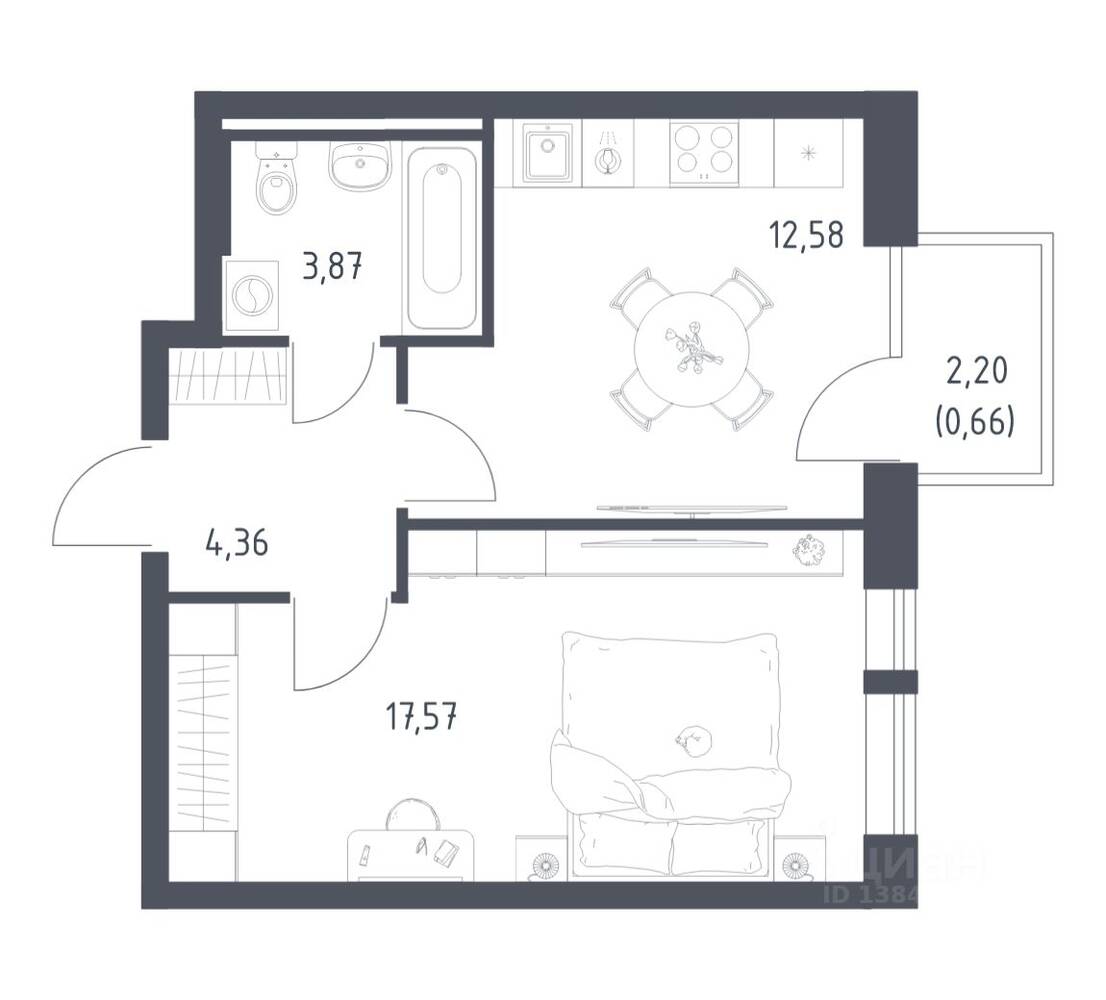 1-комн. квартира, 39,04 м², в ЖК Квартал Авиаторов