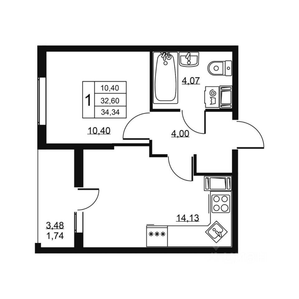 1-комн. квартира, 34,34 м², в ЖК «Высота» (Бугры)