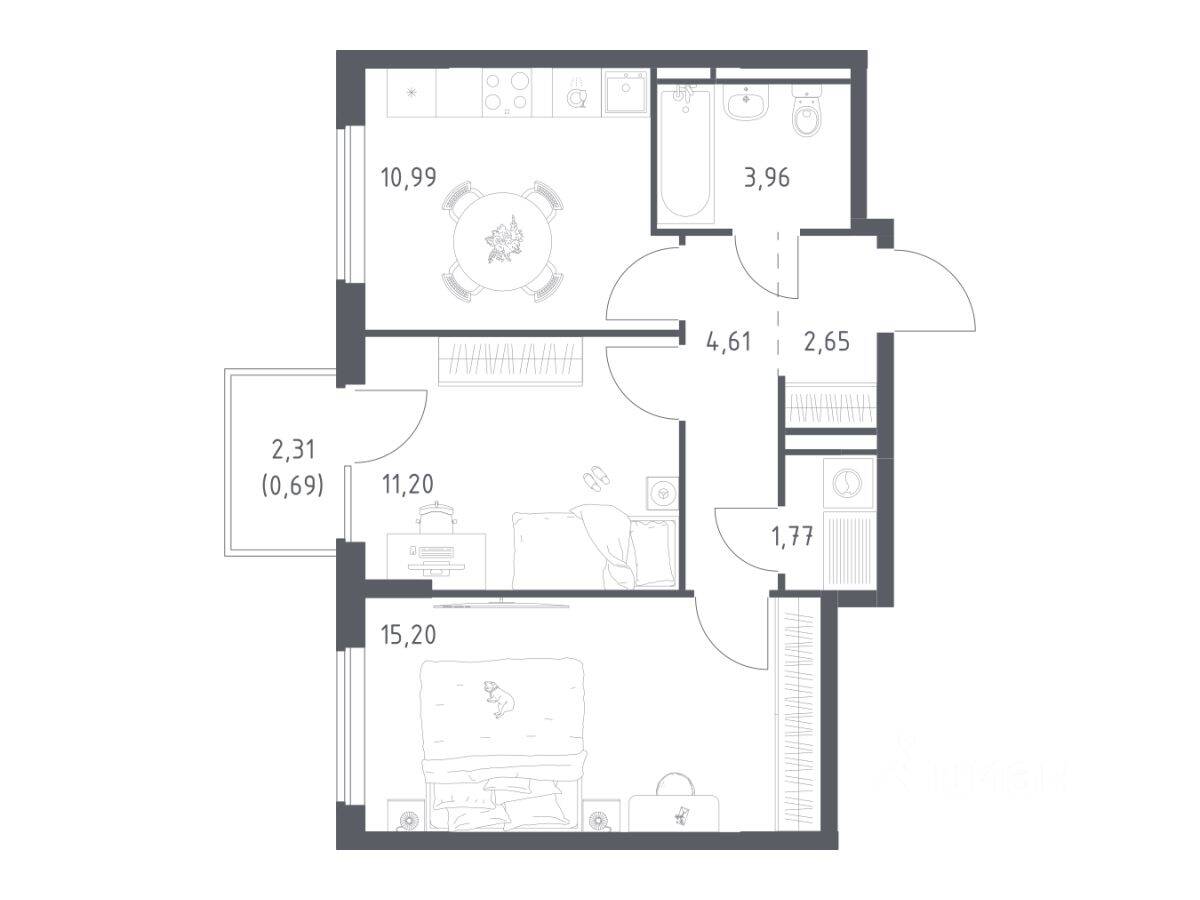 2-комн. квартира, 51,07 м², в ЖК Мытищи Парк