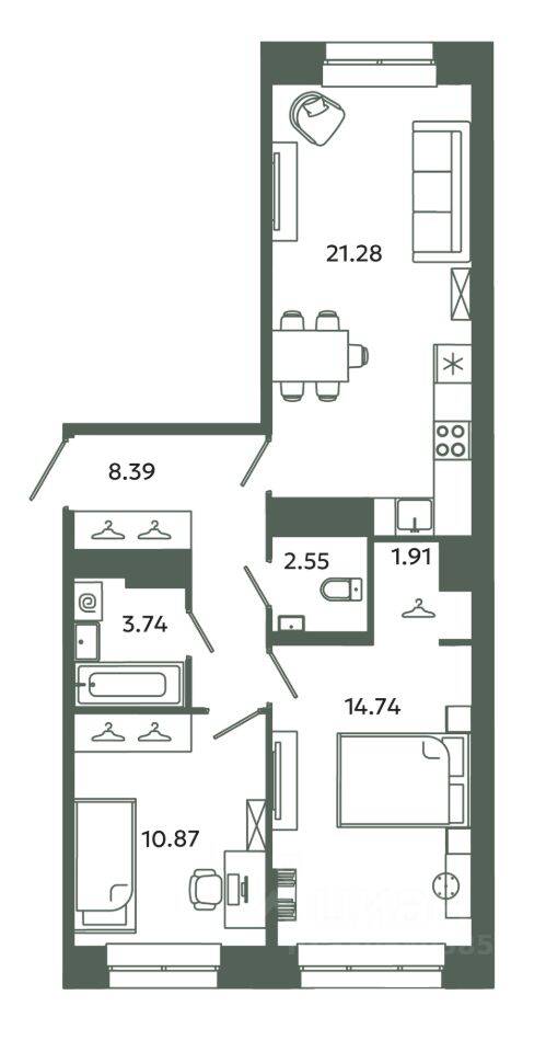 2-комн. квартира, 63,48 м², в ЖК Загляденье