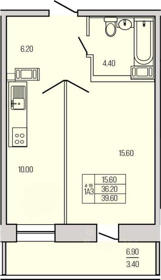 1-комн. квартира, 38,95 м², в ЖК Экос