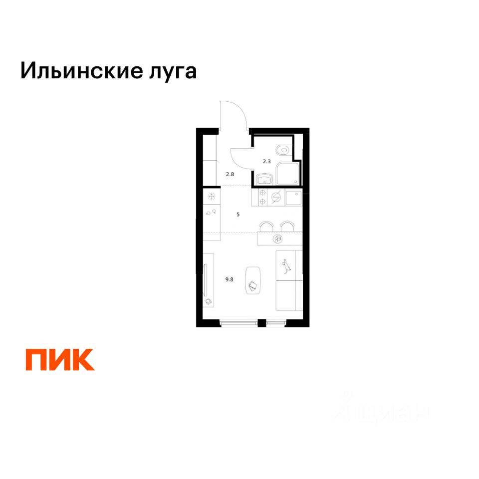 Планировка 1 комнатной квартиры, 19.9 м², в «Ильинские луга»