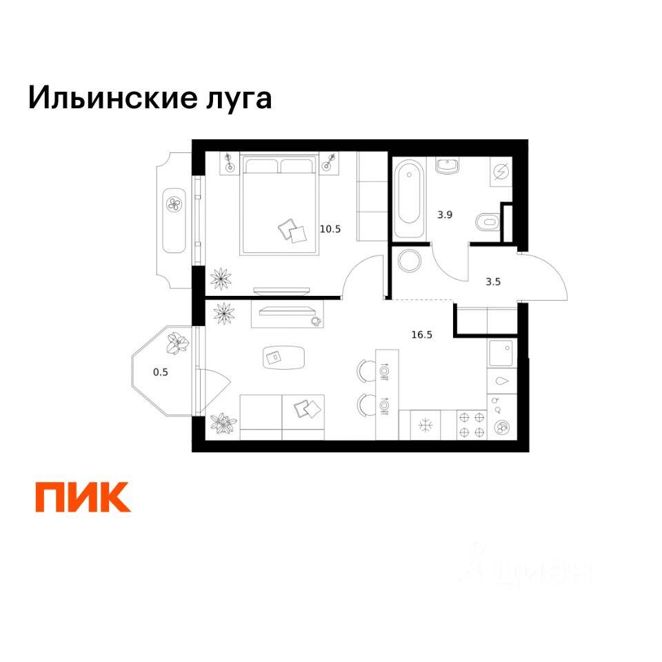 1-комн. квартира, 34,9 м², в ЖК «Ильинские луга»
