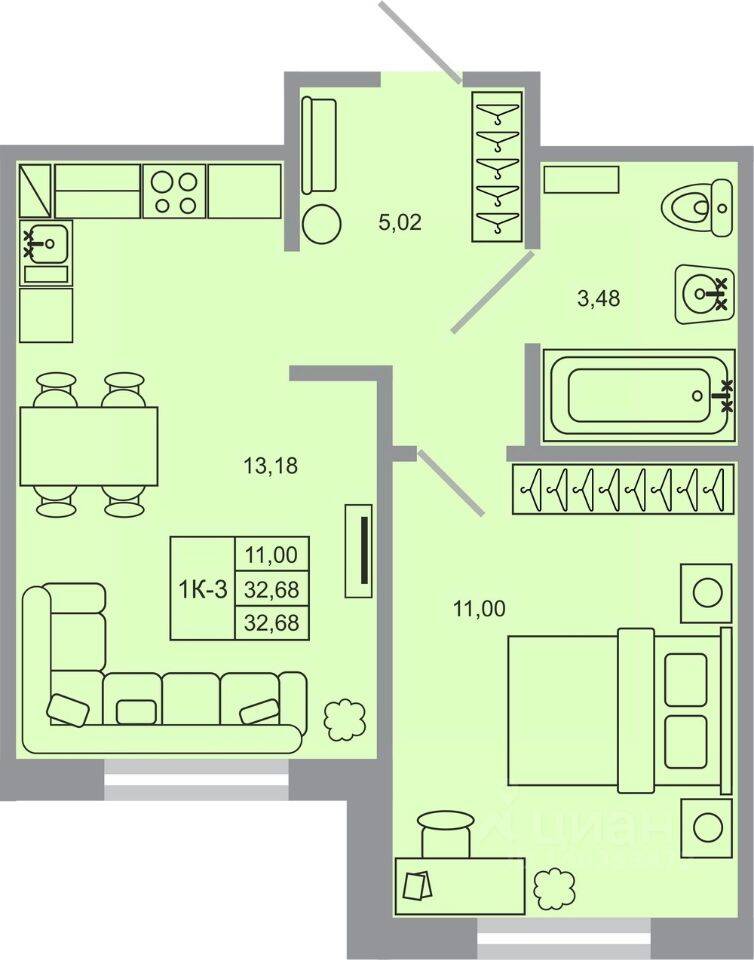 1-комн. квартира, 32,68 м², в ЖК Стороны света-2