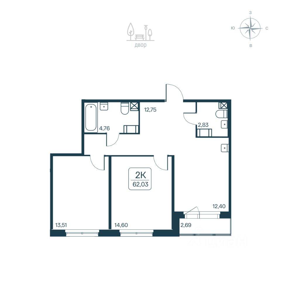 2-комн. квартира, 62,03 м², в ЖК Расцветай в Янино