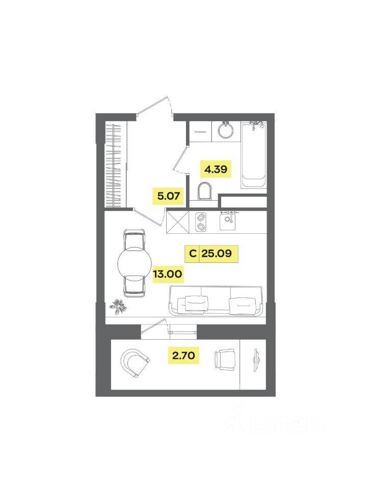 Планировка 1 комнатной квартиры, 25.09 м², в «Радость»