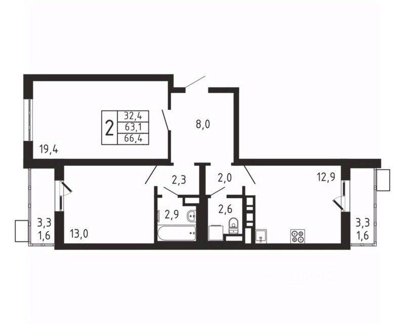 2-комн. квартира, 66,4 м², в ЖК «Пироговская Ривьера»