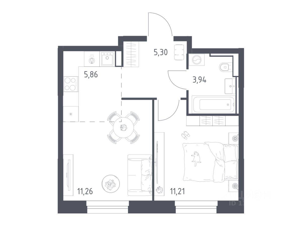 Планировка 1 комнатной квартиры, 37.27 м², в «Квартал Строгино»