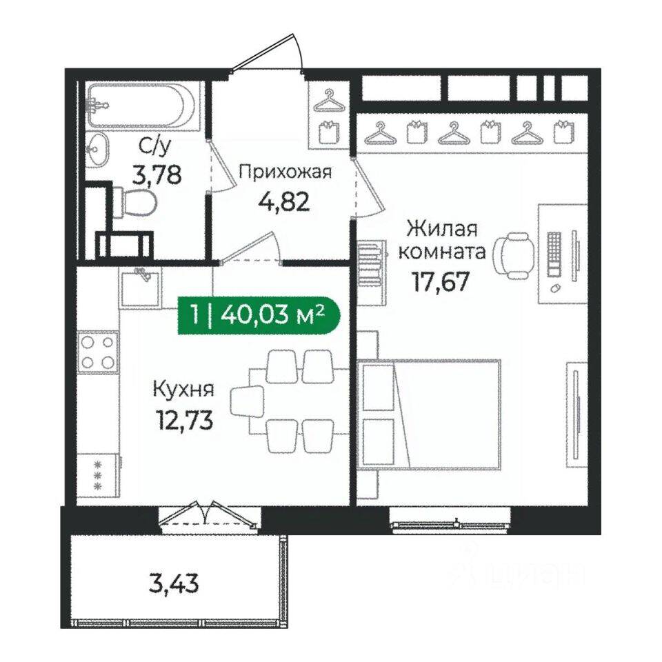 1-комн. квартира, 40,03 м², в ЖК Sertolovo Park