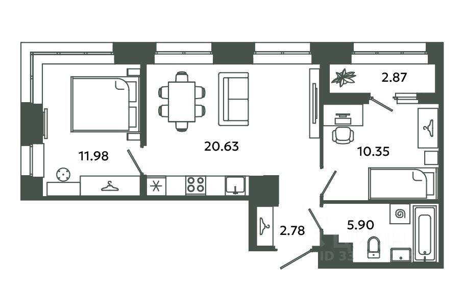2-комн. квартира, 51,64 м², в ЖК Загляденье
