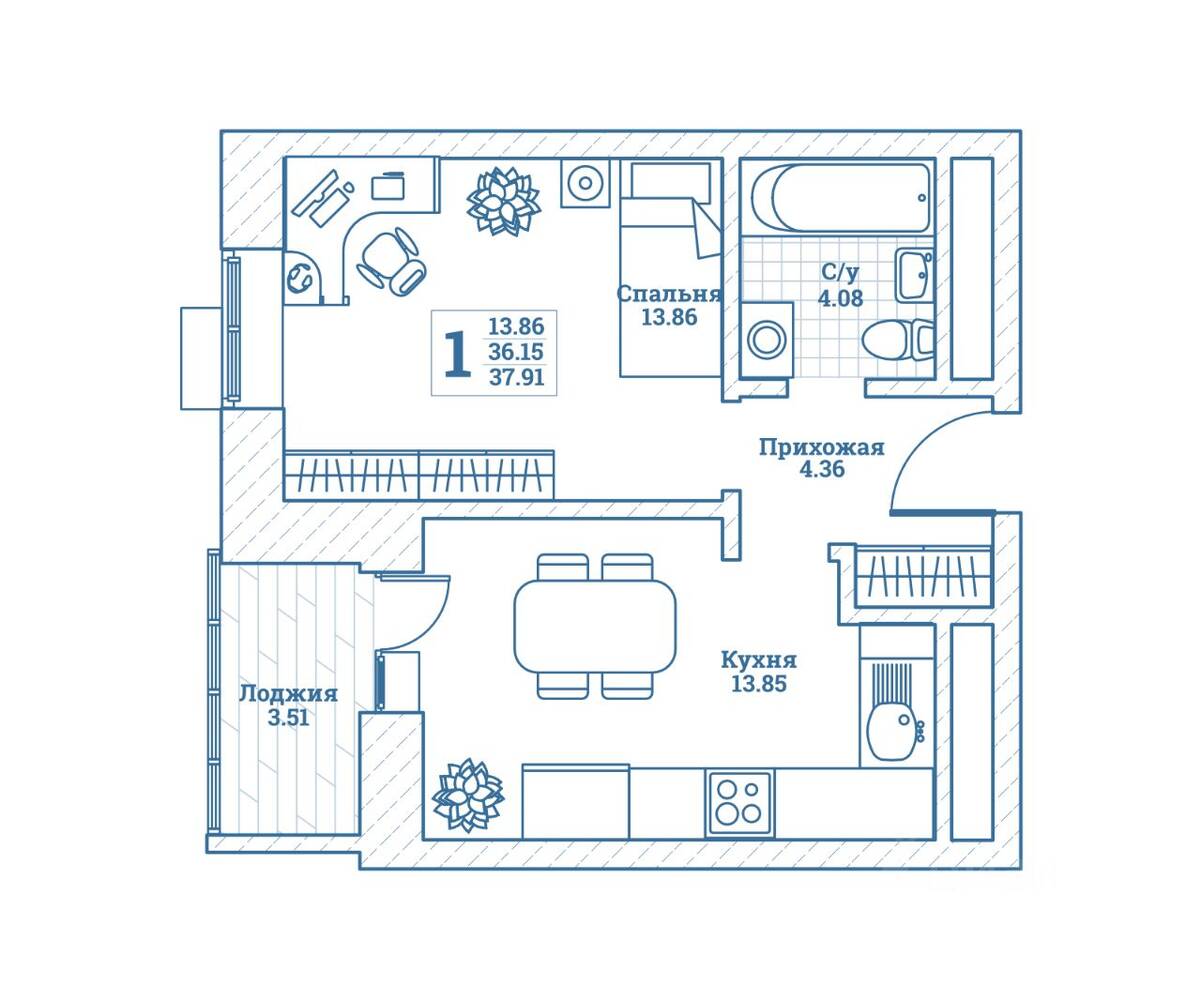 1-комн. квартира, 38,2 м², в ЖК Новоград Монино