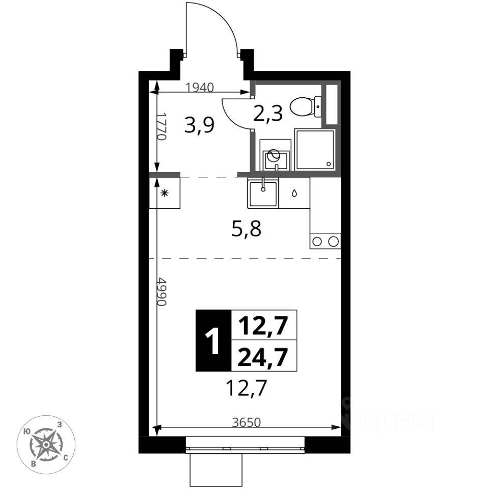 Планировка 1 комнатной квартиры, 24.7 м², в «1-й Донской»